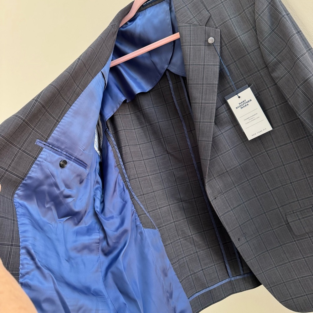 NWT Hart Schaffner Marx Gray Blue Plaid New York Fit 2pc Suit Jacket Pants - Picture 15 of 16
